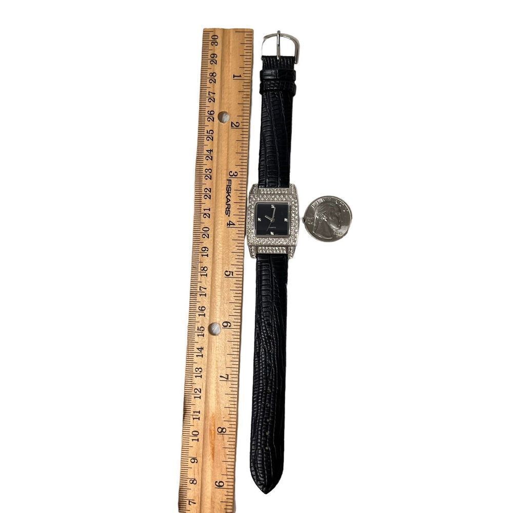 Vintage Women's Watch Black Band Faux Leather Rhinestone Bezel Black Dial - Picture 14 of 16